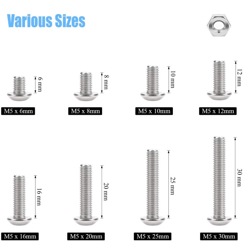 DYWISHKEY 195 Pieces M5 x 6mm/8mm/10mm /12mm/16mm/20mm/25mm/30mm Stainless Steel 304 Hex Button Head Cap Bolts and Nuts Kit - Image 3